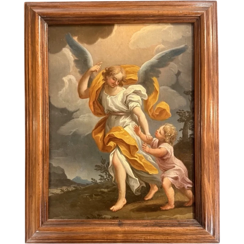 Dipinto olio su tela raffigurante Angelo custode con bimbo. (reintelato)