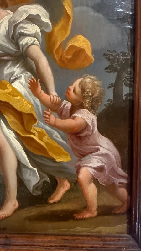 Dipinto olio su tela raffigurante Angelo custode con bimbo. (reintelato)