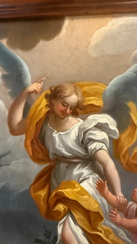 Dipinto olio su tela raffigurante Angelo custode con bimbo. (reintelato)