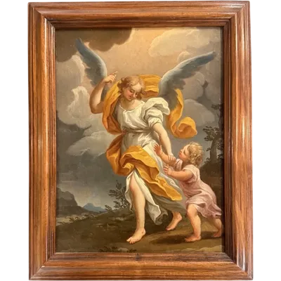 Oil painting on canvas depicting a guardian angel with a child. (reframed)