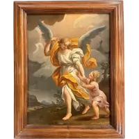 Dipinto olio su tela raffigurante Angelo custode con bimbo. (reintelato)