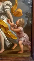 Dipinto olio su tela raffigurante Angelo custode con bimbo. (reintelato)