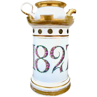Porcelain nightlight and teapot in the shape of a turret, dated 1827