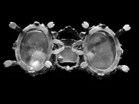 Double salt shaker set made of solid silver with glass compartments.