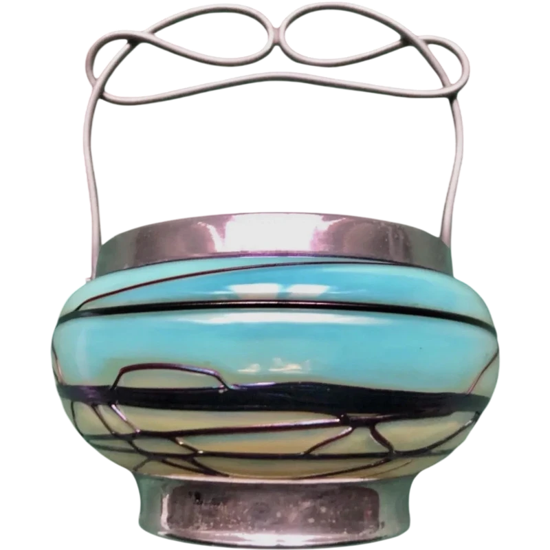 Aquamarine-colored iridescent glass candy jar. König Palms. Bohemia.
