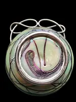 Aquamarine-colored iridescent glass candy jar. König Palms. Bohemia.