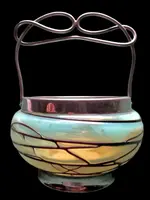 Aquamarine-colored iridescent glass candy jar. König Palms. Bohemia.