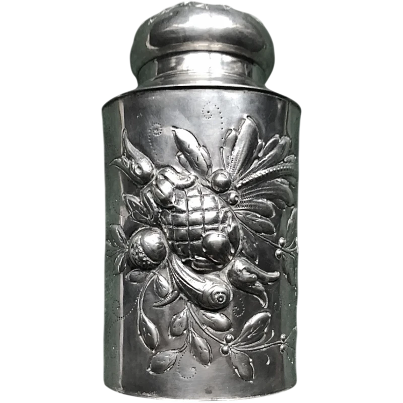 Embossed silver tea box with fruit motifs. Germany.
