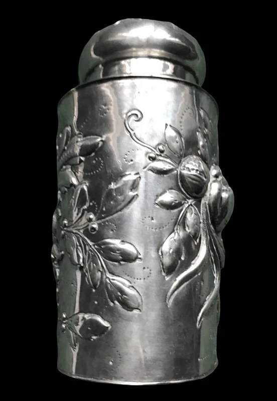 Embossed silver tea box with fruit motifs. Germany.