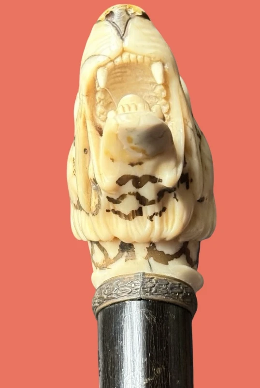 A walking stick with an ivory knob shaped like a tiger's head.