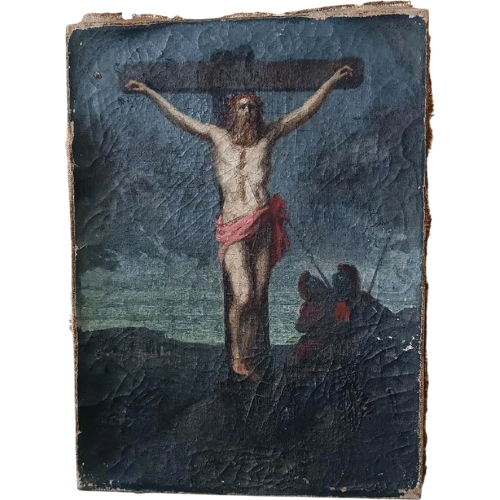 Antique oil on canvas depicting the Crucifixion of Christ, 18th