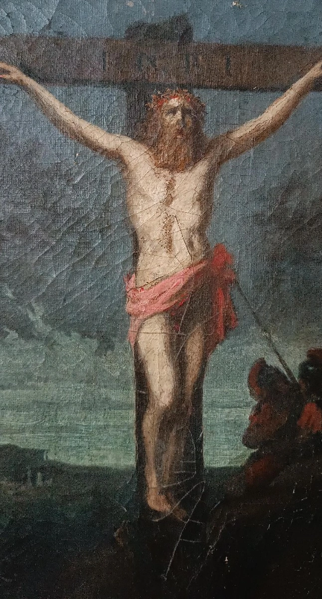 Antique oil on canvas depicting the Crucifixion of Christ, 18th