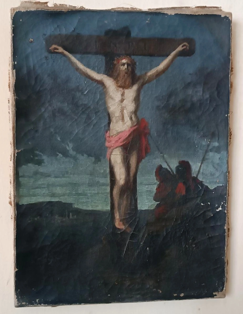 Antique oil on canvas depicting the Crucifixion of Christ, 18th