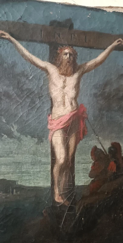 Huile sur toile ancienne représentant la crucifixion du Christ, XVIIIe siècle