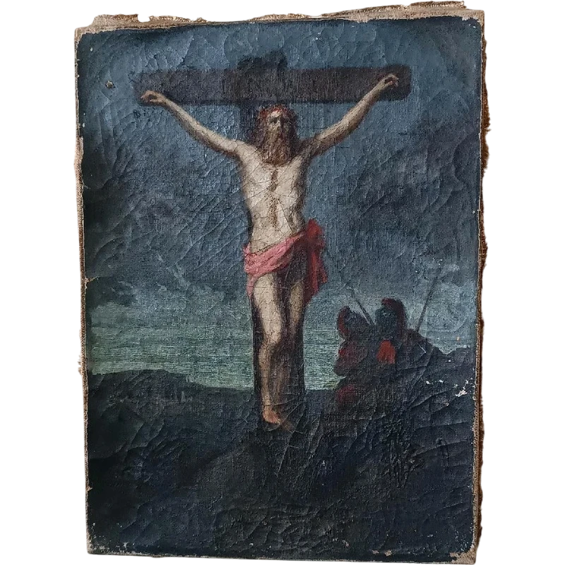 Huile sur toile ancienne représentant la crucifixion du Christ, XVIIIe siècle