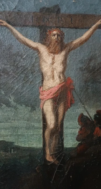 Huile sur toile ancienne représentant la crucifixion du Christ, XVIIIe siècle
