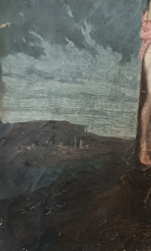 Huile sur toile ancienne représentant la crucifixion du Christ, XVIIIe siècle