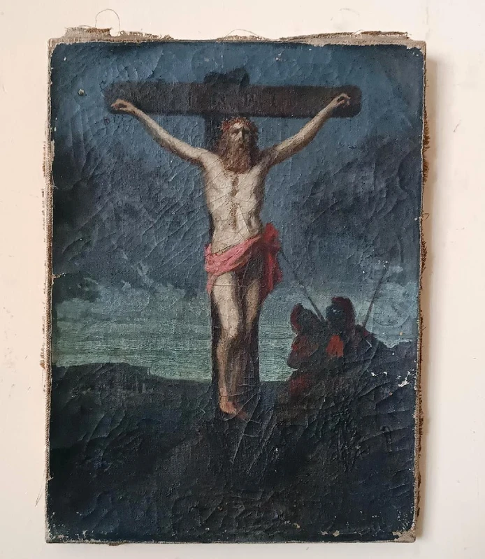 Huile sur toile ancienne représentant la crucifixion du Christ, XVIIIe siècle