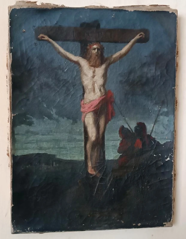 Huile sur toile ancienne représentant la crucifixion du Christ, XVIIIe siècle