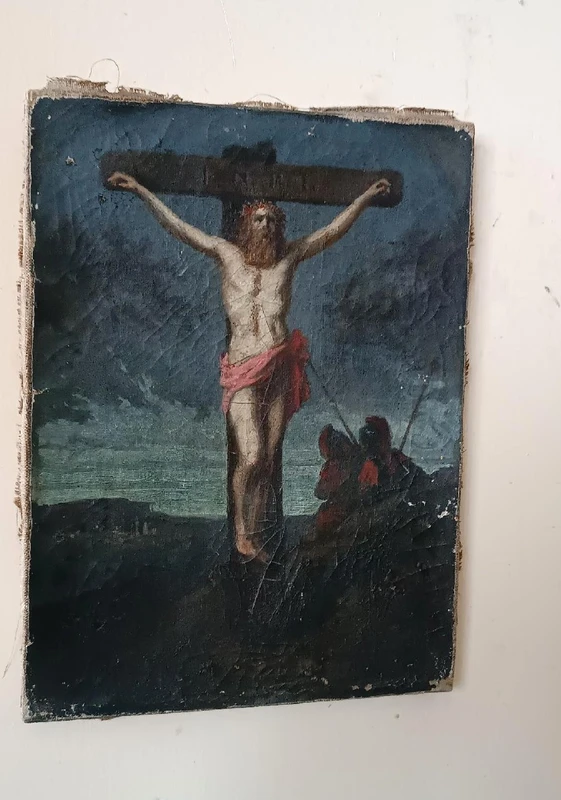 Huile sur toile ancienne représentant la crucifixion du Christ, XVIIIe siècle