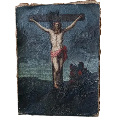Antique oil on canvas depicting the Crucifixion of Christ, 18th century