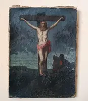 Huile sur toile ancienne représentant la crucifixion du Christ, XVIIIe siècle