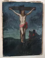 Huile sur toile ancienne représentant la crucifixion du Christ, XVIIIe siècle