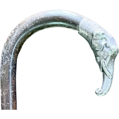 A walking stick with a silver knob shaped like an elephant's head.