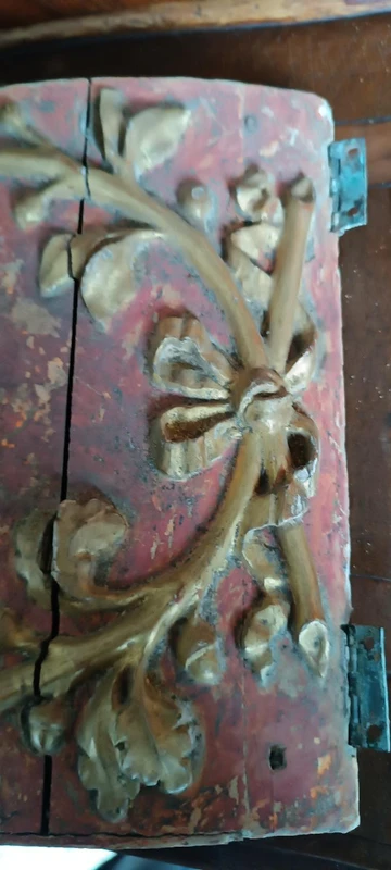 Antique tabernacle door made of lacquered and gilded wood