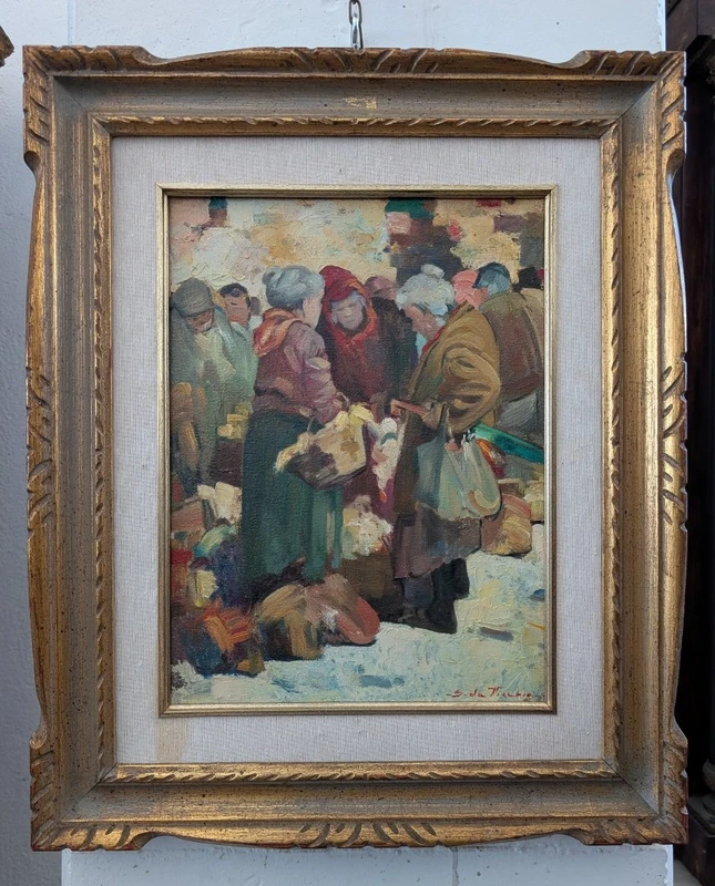 Giulio Da Vicchio (1925-2004) – « Mercato », huile sur toile, 30 x 40 cm
