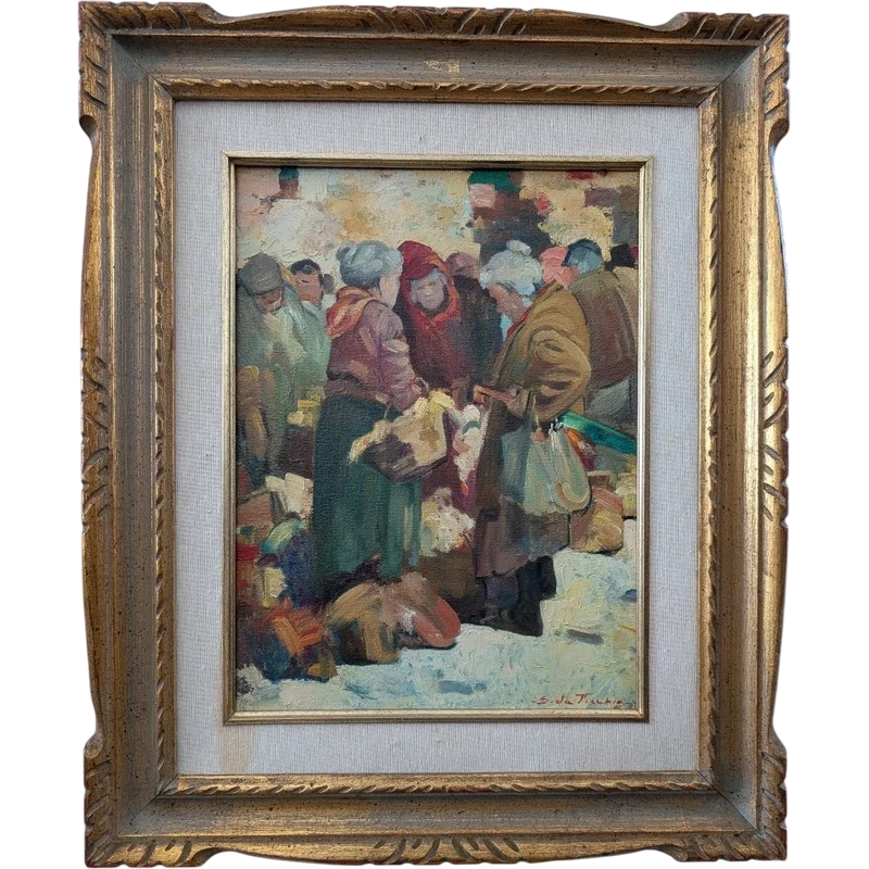 Giulio Da Vicchio (1925-2004) – « Mercato », huile sur toile, 30 x 40 cm