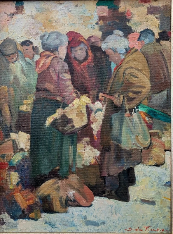 Giulio Da Vicchio (1925-2004) – « Mercato », huile sur toile, 30 x 40 cm