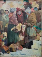 Giulio Da Vicchio (1925-2004) – « Mercato », huile sur toile, 30 x 40 cm