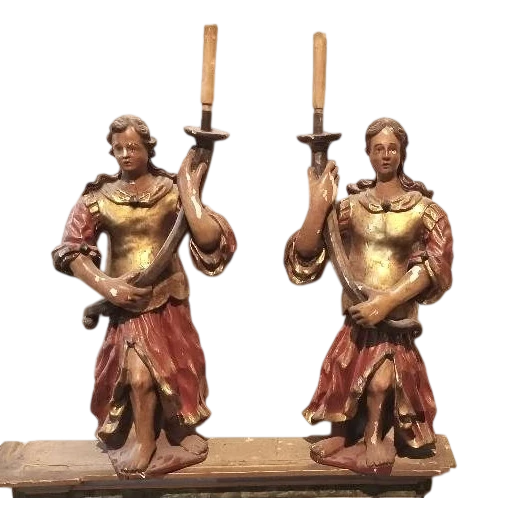 Paire ancienne d'anges porte-rideaux en bois polychrome du XVIIe SIÈCLE