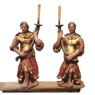 Antica coppia di angeli reggicero in legno policromo XVII  SECOLO