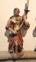Paire ancienne d'anges porte-rideaux en bois polychrome du XVIIe SIÈCLE