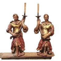 Paire ancienne d'anges porte-rideaux en bois polychrome du XVIIe SIÈCLE