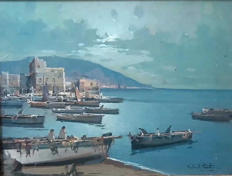 « Golfe méditerranéen avec des bateaux »  huile sur planchette, école de Posillipo, F. Fontana. 30 x 40 cm