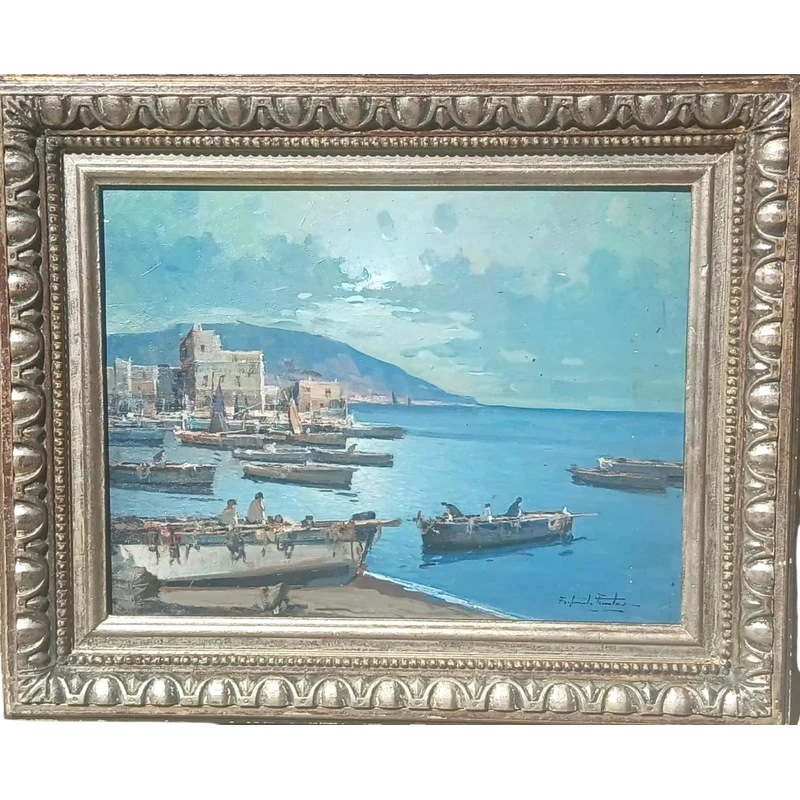 « Golfe méditerranéen avec des bateaux »  huile sur planchette, école de Posillipo, F. Fontana. 30 x 40 cm