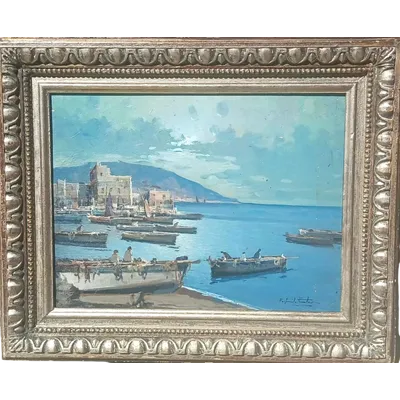“Mediterranean Gulf with Boats” oil on panel, Posillipo School, F. Fontana. 30x40 cm