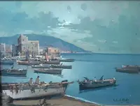 « Golfe méditerranéen avec des bateaux »  huile sur planchette, école de Posillipo, F. Fontana. 30 x 40 cm