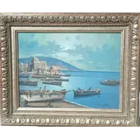 « Golfe méditerranéen avec des bateaux »  huile sur planchette, école de Posillipo, F. Fontana. 30 x 40 cm