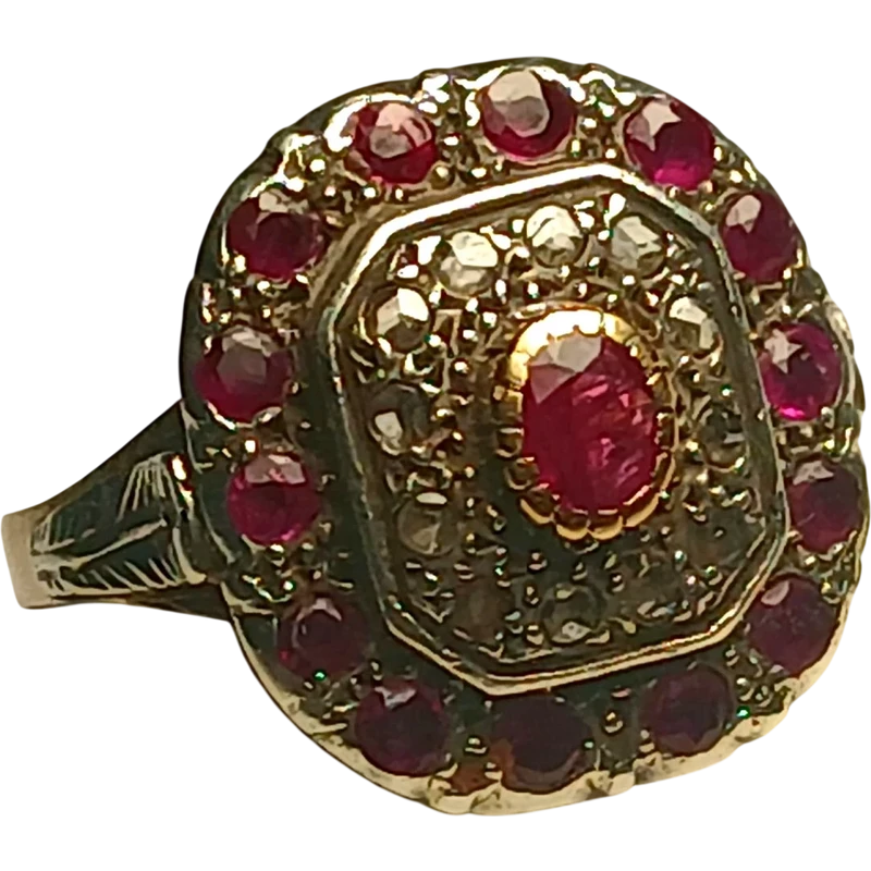  Gold and silver ring with a central ruby surrounded by rubies and diamond roses. Sicily 