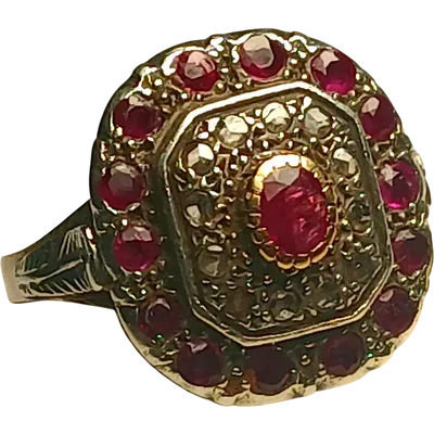  Gold and silver ring with a central ruby surrounded by rubies and diamond roses. Sicily 