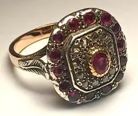  Gold and silver ring with a central ruby surrounded by rubies and diamond roses. Sicily 