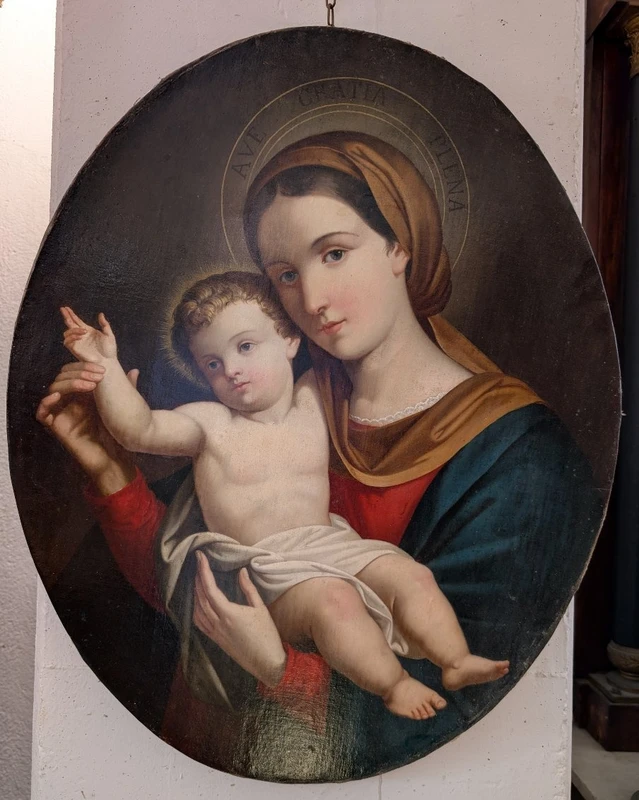 Vierge à l'Enfant – Tableau de dévotion ovale de la fin du XIXe siècle