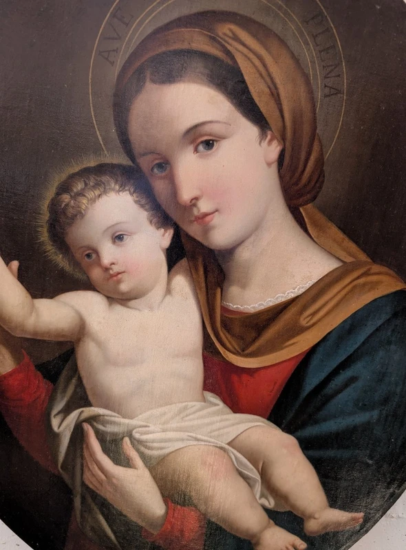 Vierge à l'Enfant – Tableau de dévotion ovale de la fin du XIXe siècle