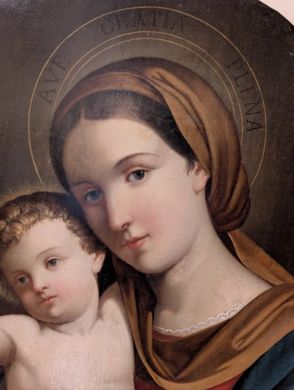 Vierge à l'Enfant – Tableau de dévotion ovale de la fin du XIXe siècle