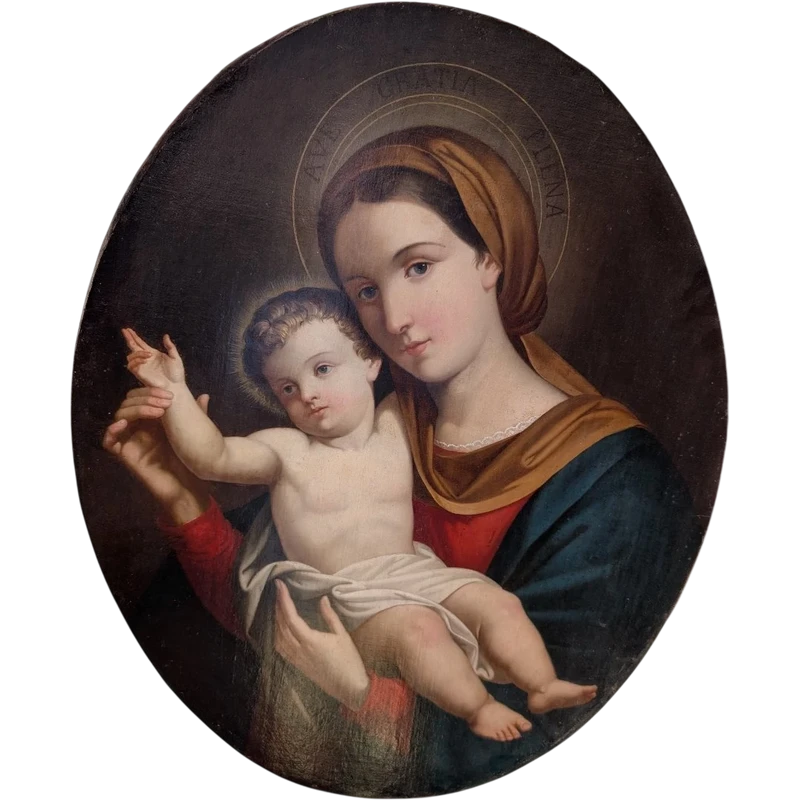 Vierge à l'Enfant – Tableau de dévotion ovale de la fin du XIXe siècle