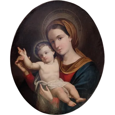 Madonna con Bambino – Dipinto devozionale ovale della fine del XIX secolo